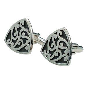Vintage Triangular Cufflinks with Intricate Filigree Design Silver Tone and Blac